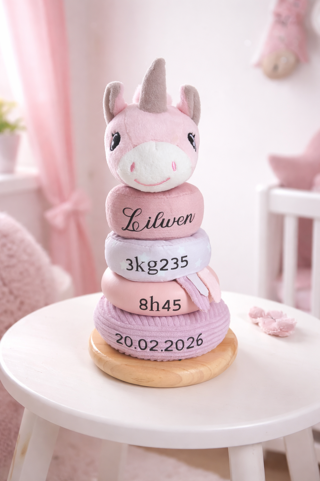 Decoration naissance date heure prenom poids taille bebe licorne jeux bois empiler personnalise steph crea cadeau invites bapteme montauban de bretagne broceliande rennes invites c