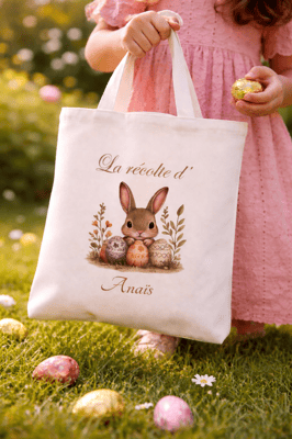 Tote bag paques lapin chasse aux oeufs evjf livre livres bibliotheque mariage personnalise steph crea cadeau invites bapteme montauban de bretagne broceliande rennes invites cadeau